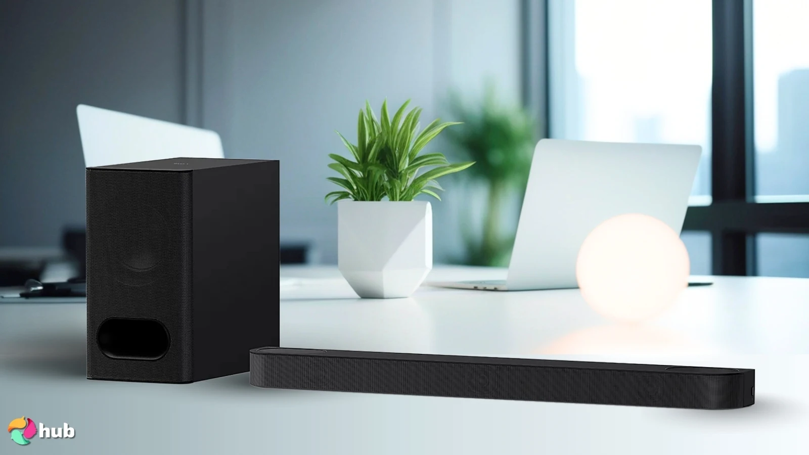 Sony BRAVIA Theater Bar 6 Soundbar on a white office desk in a top-down view for a review
