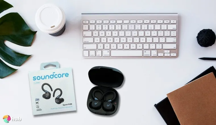 Soundcore Sport X20 by Anker Running Headphones on a white office desk set for a professional product review
