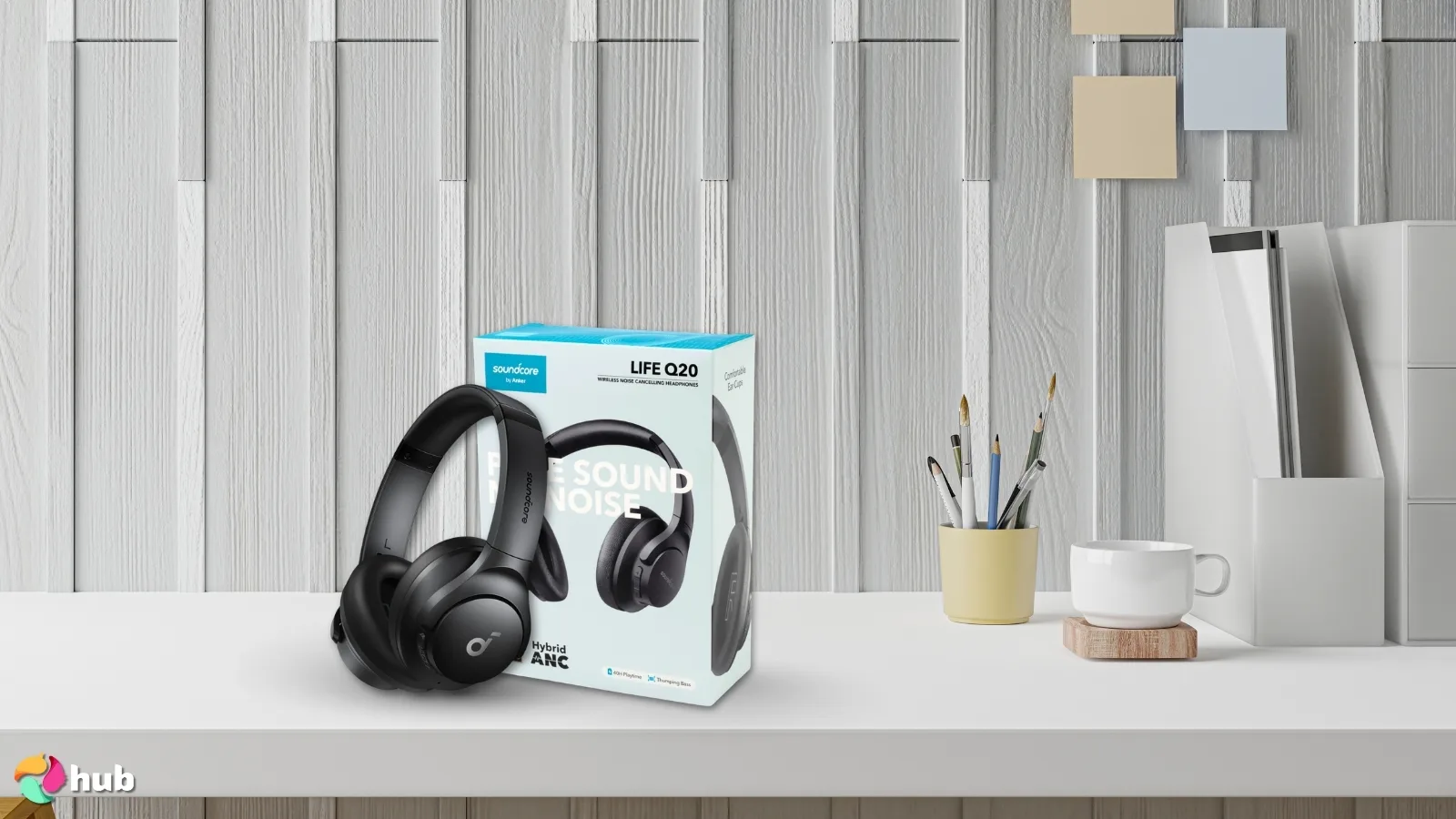 Soundcore by Anker Q20i Headphones on a white office desk styled for a review