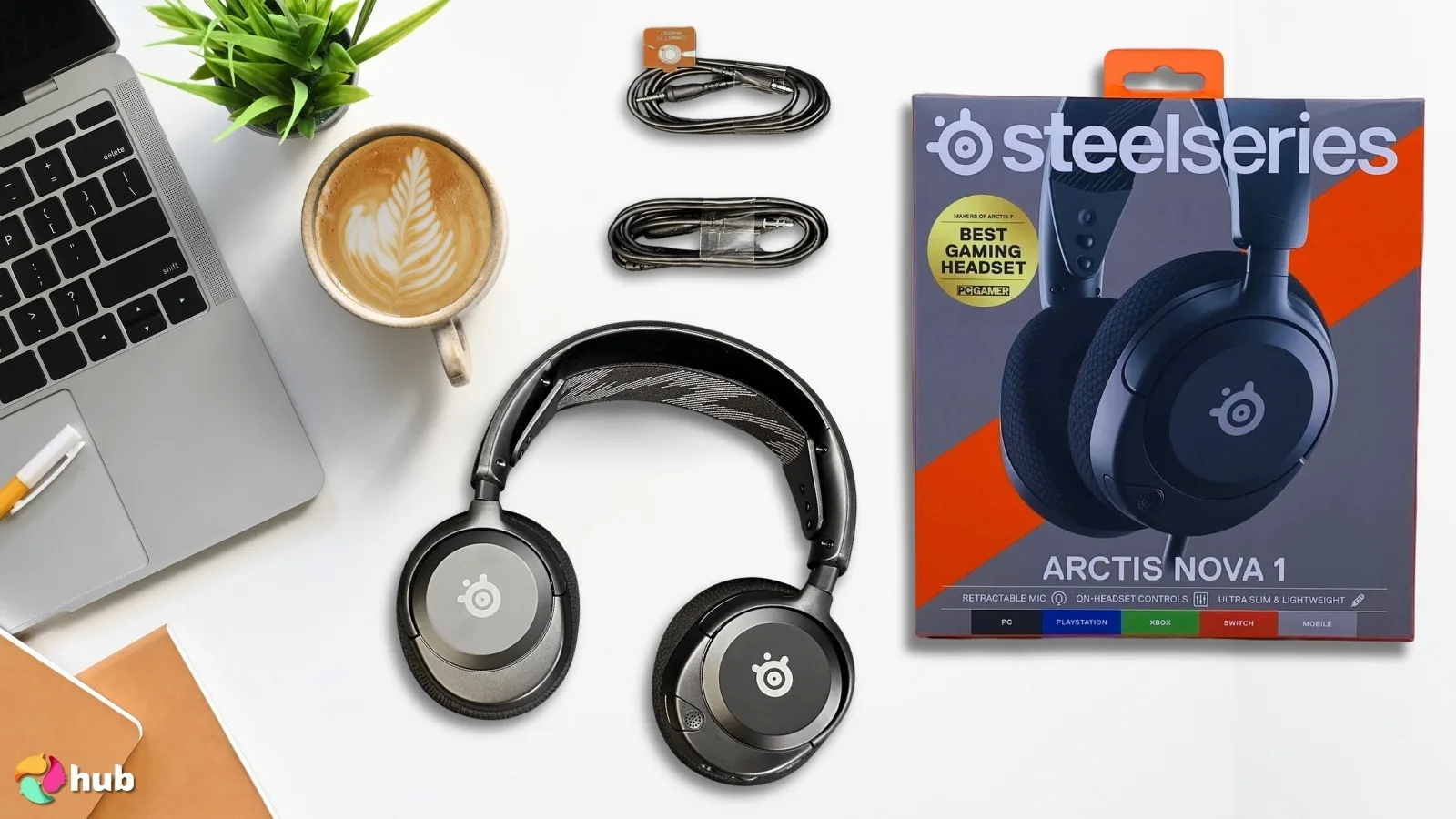 SteelSeries Arctis Nova 1 Headphones on a white office desk set for a professional product review