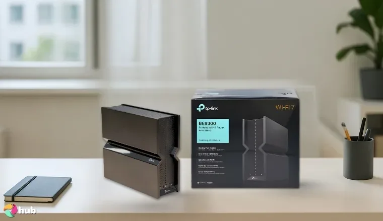 TP-Link 9300 Wi-Fi Router on a white office desk prepared for product photography