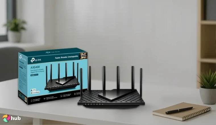 TP-Link AXE5400 Wi-Fi Router on a white office desk prepared for testing shots