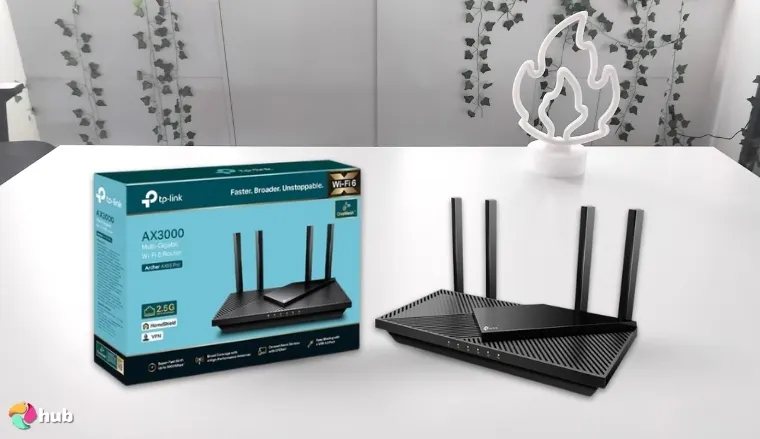 TP-Link Archer AX55 Pro Wi-Fi Router on a white office desk in a bright workspace for a review