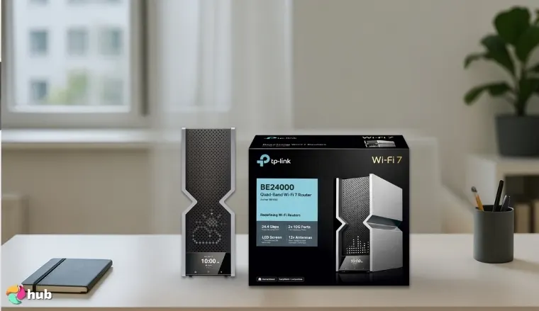 TP-Link Archer BE24000 Wi-Fi 7 Router on a white office desk with balanced composition for a review
