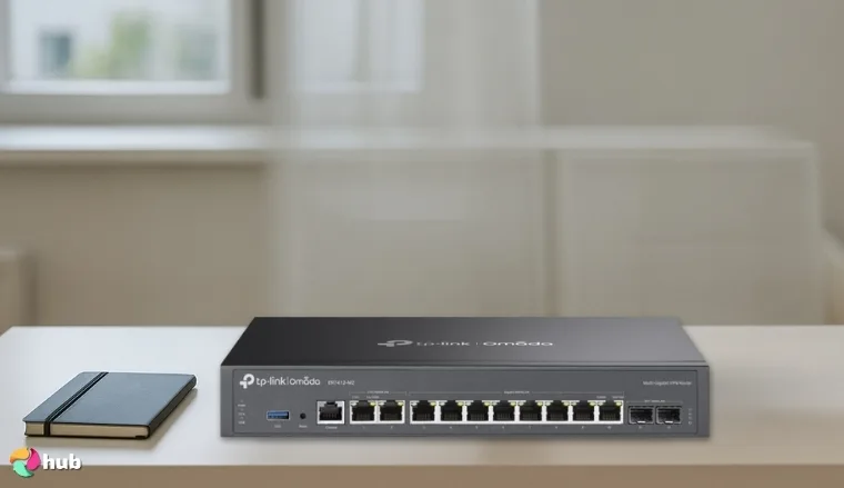 TP-Link Omada ER7412-M2 VPN Router on a white office desk set for a professional product review