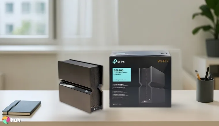 TP-Link Tri-Band BE9300 Wi-Fi Router on a white office desk with an editorial style for a review
