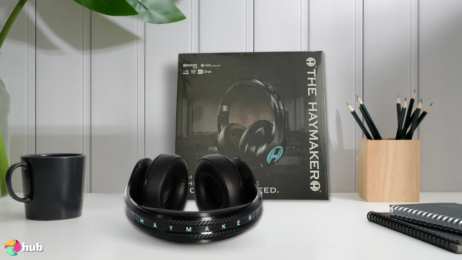 The Haymaker Headphones on a white office desk in close-up for a review