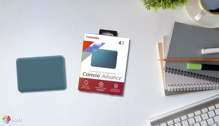 Toshiba Canvio Advance External Hard Drive for Photos on a white office desk with an editorial style for a review