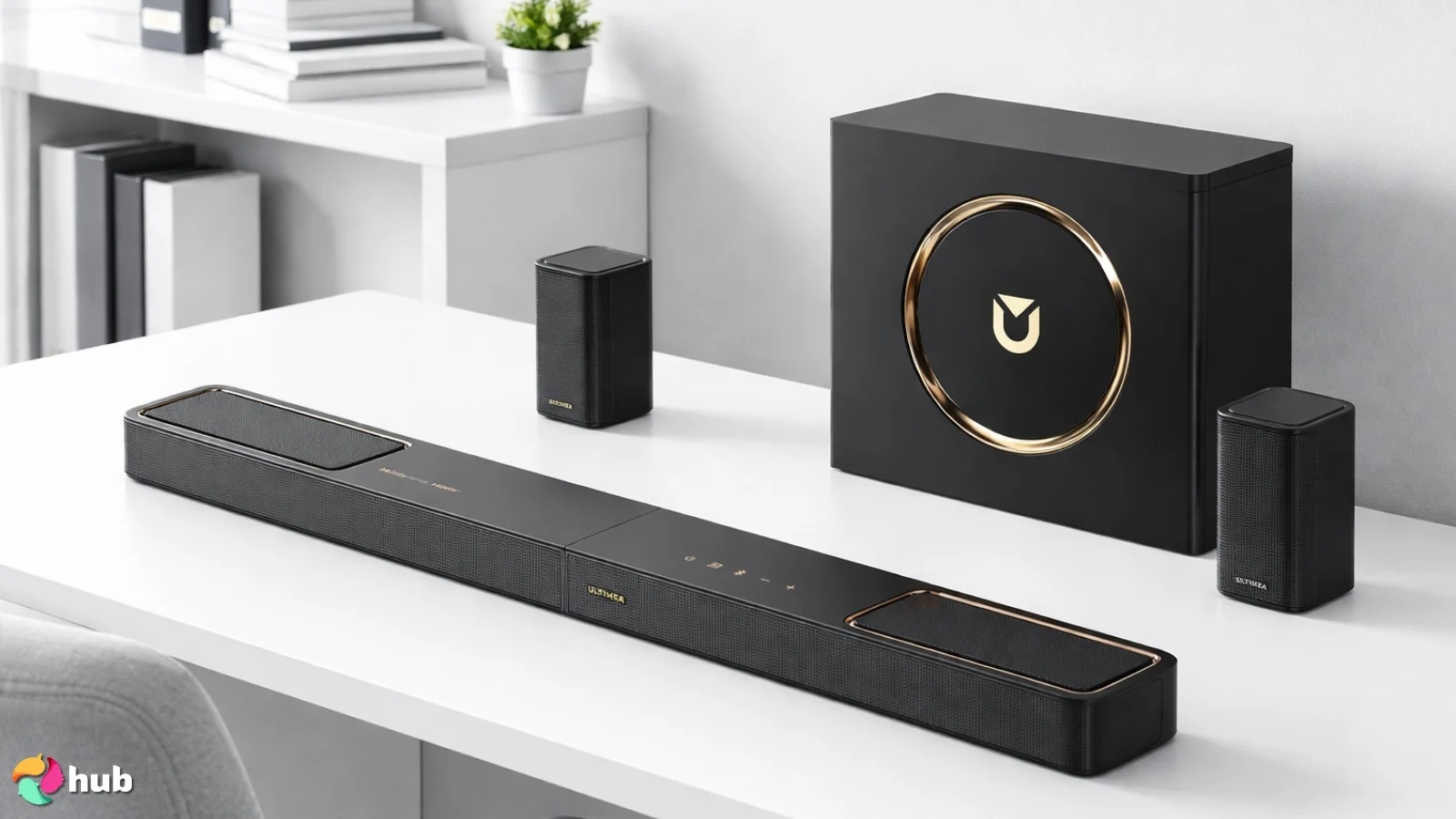 ULTIMEA 5.1.2ch Dolby Atmos Soundbar on a white office desk styled neatly for a review