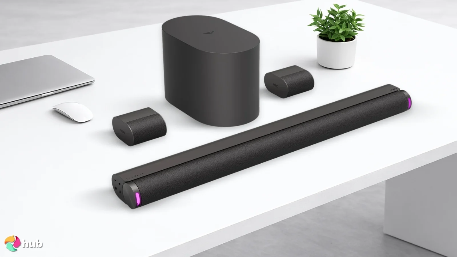 VIZIO 5.1.2 Elevate SE Soundbar on a white office desk styled neatly for a review