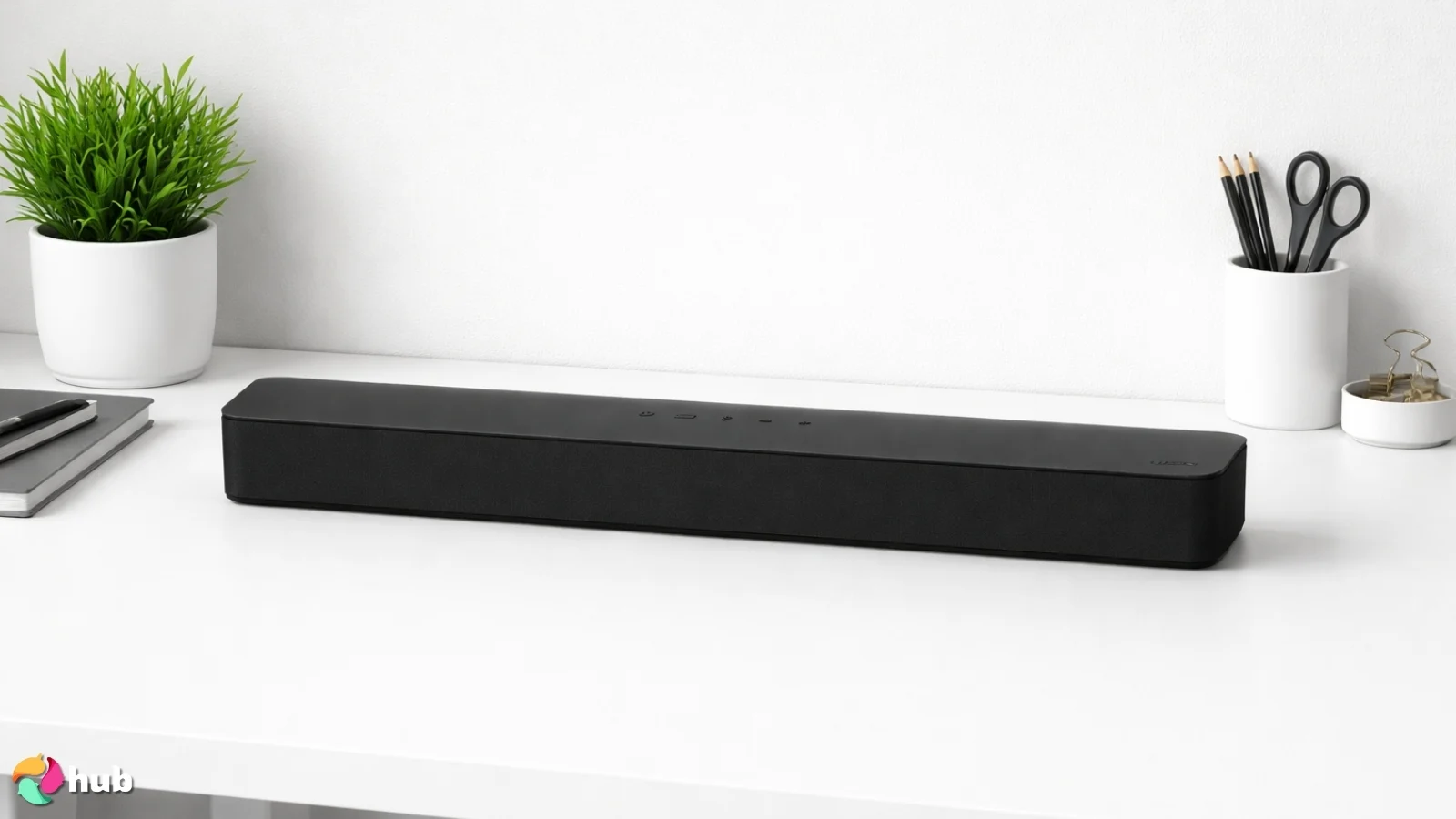 VIZIO V-Series 2.0 Soundbar on a white office desk with balanced composition for a review