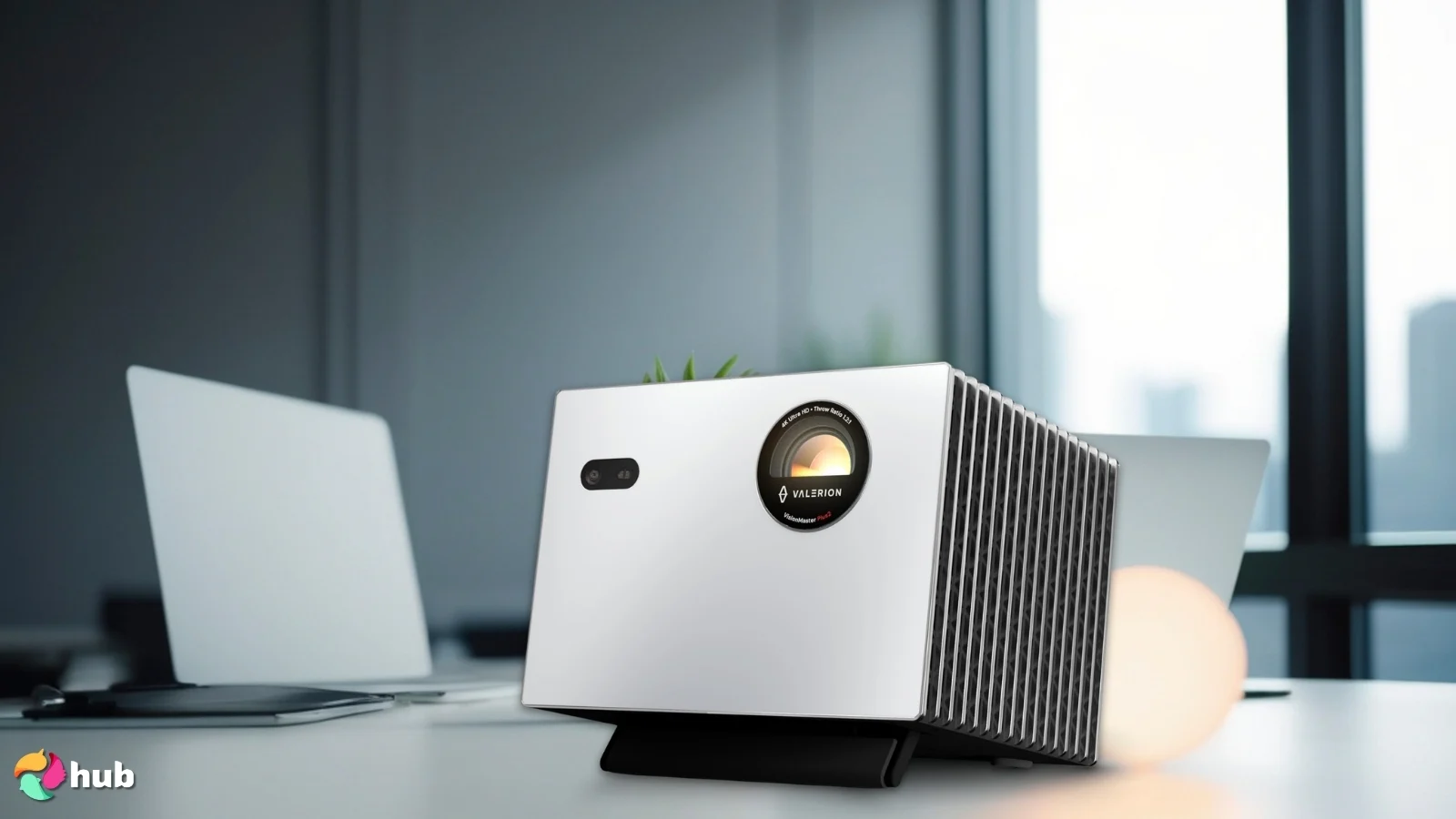 Valerion StreamMaster Plus2 4K Projector on a white office desk with an editorial style for a review