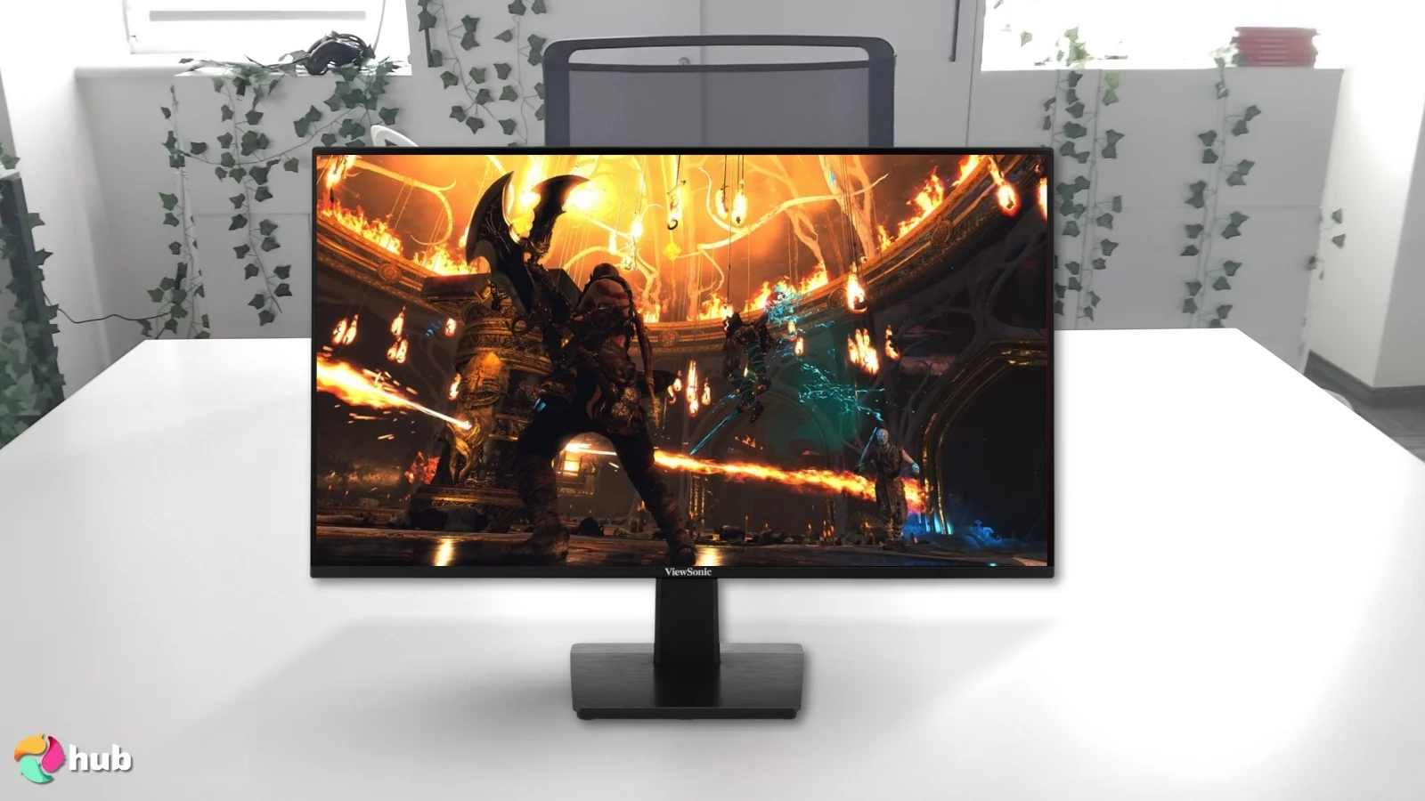 ViewSonic VA2408‑HDJ Vertical Monitor on a white office desk in a minimalist setup for a review