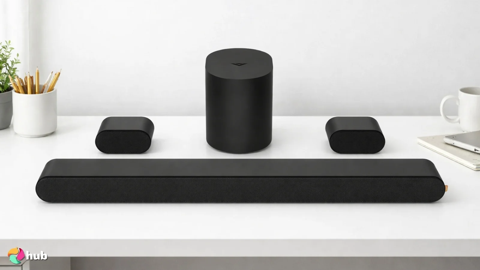 Vizio SV510X-08 5.1 Soundbar on a white office desk styled neatly for a review