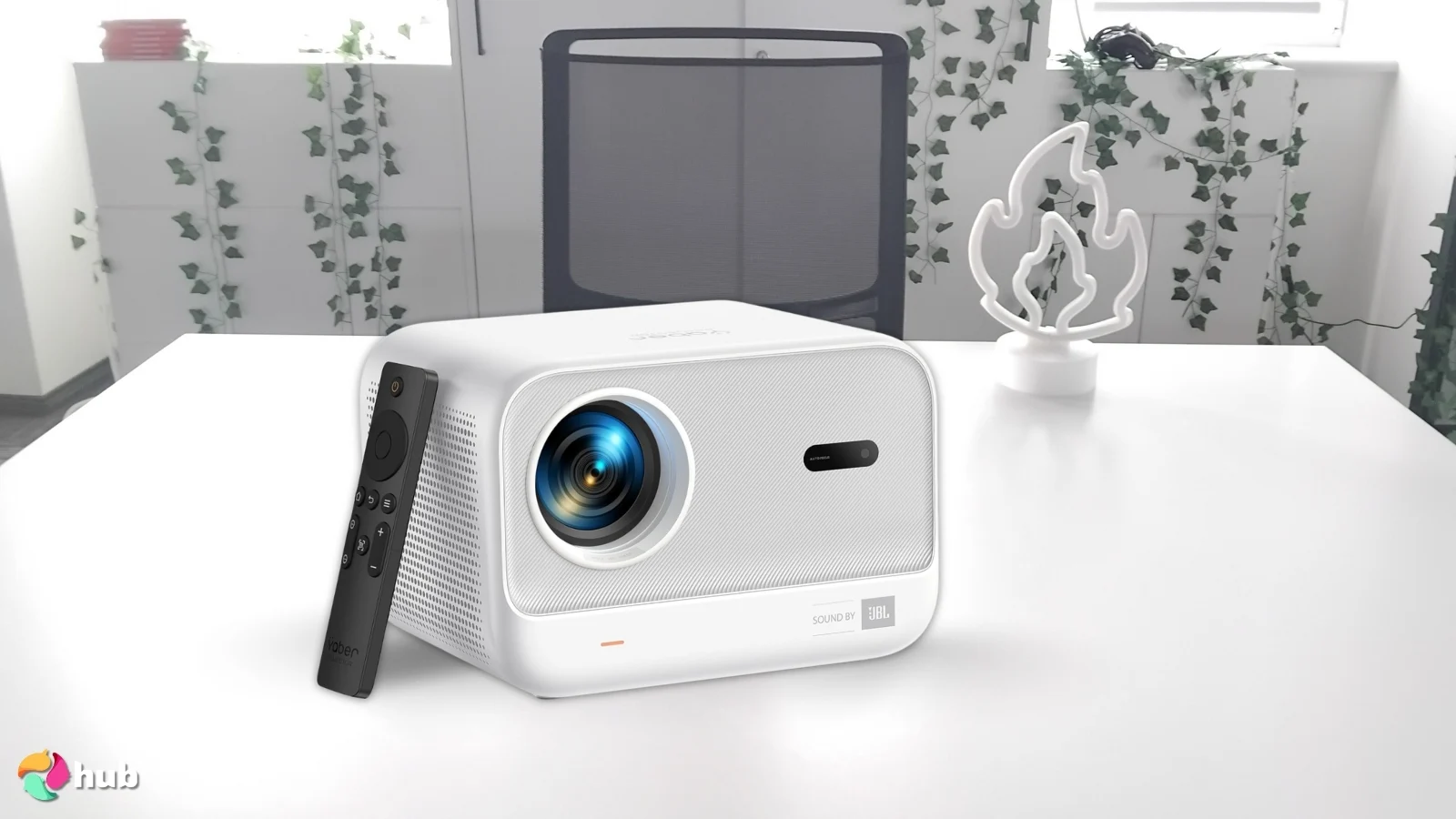 Yaber L2s Projector on a white office desk in a minimalist setup for a review