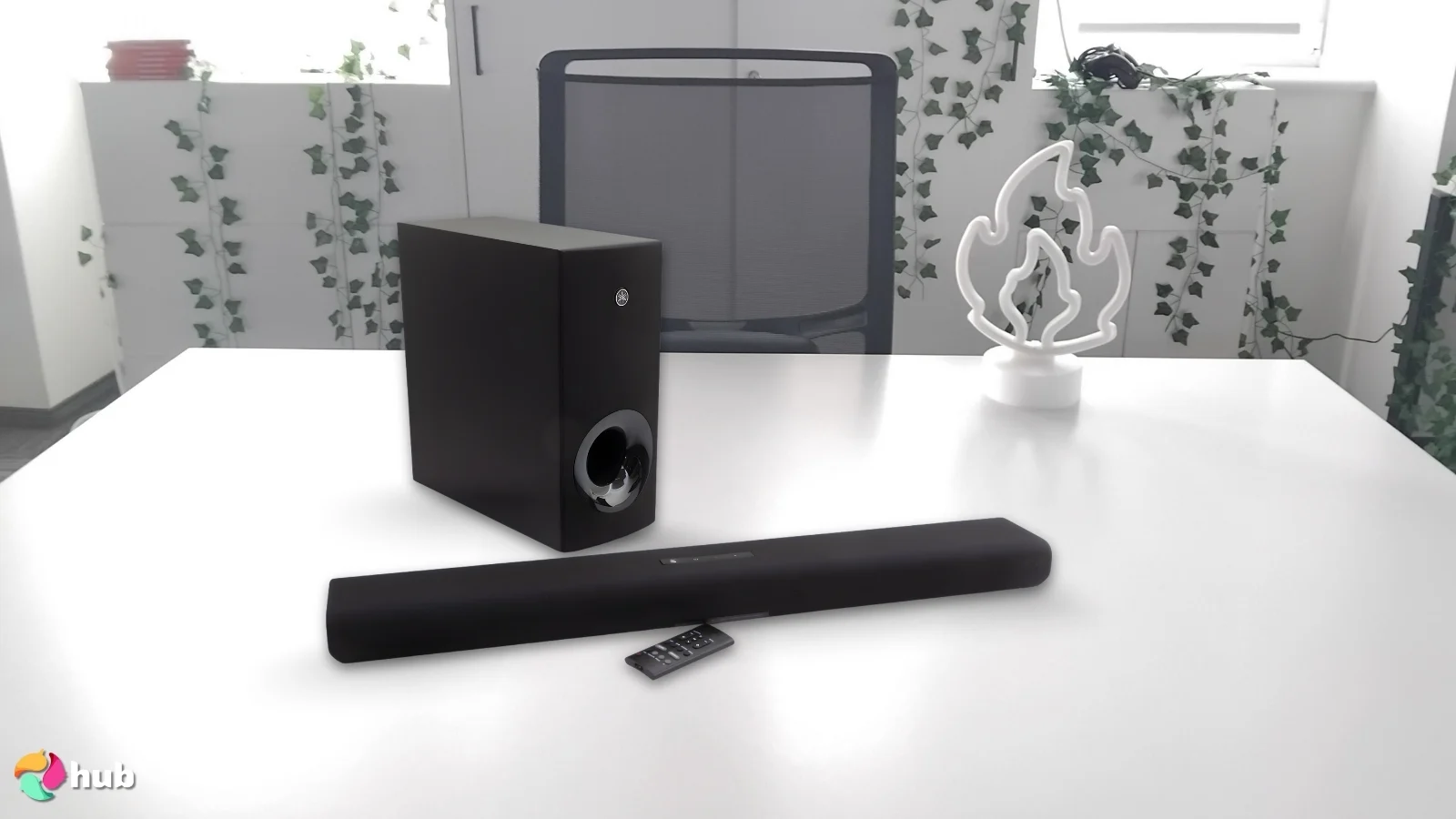 Yamaha SR-B40A Soundbar with Subwoofer on a white office desk with an editorial style for a review