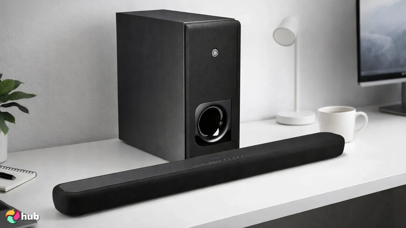Yamaha YAS-209BL Soundbar on a white office desk styled for promotional review
