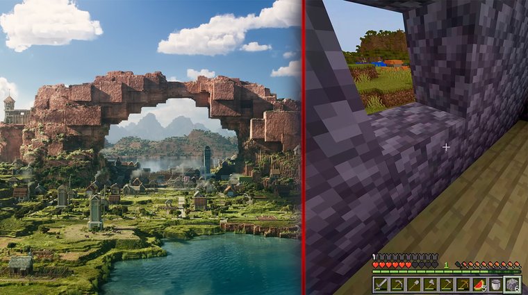 A Minecraft Movie and Minecraft video game separated by a red vertical bar.