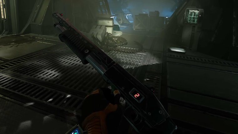 Alien: Rogue Incursion VR reloading a weapon after killing an enemy.