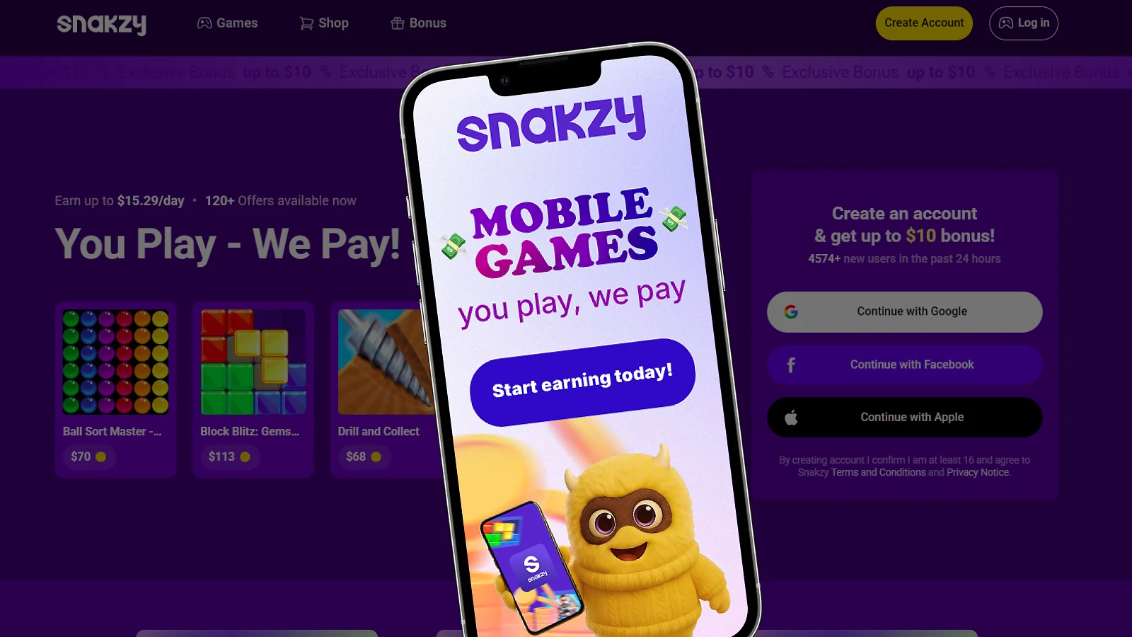 Snakzy website and snakzy banner displaying on the phone
