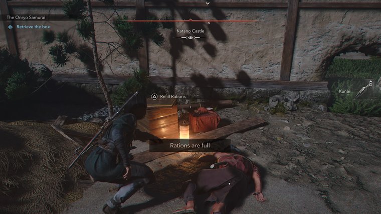 Assassin’s Creed Shadows protagonist taking some rations.