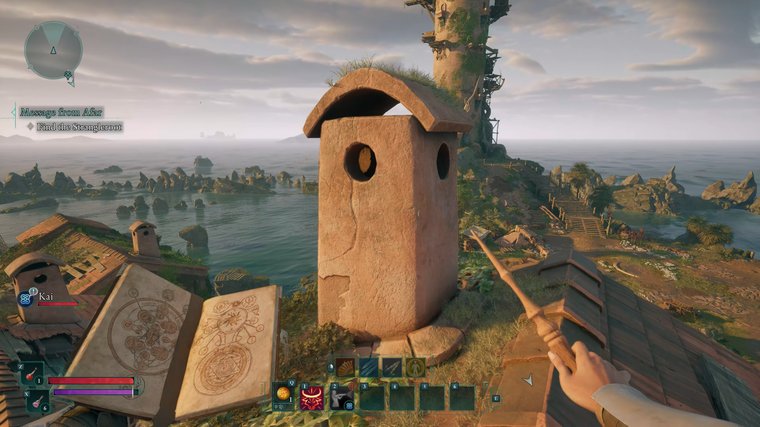 Avowed on top of a rooftop with a wand and a book in hand.