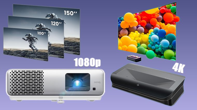 BenQ 1080p projector with 100–150 inch screen sizes compared to an AWOL Vision 4K projector displaying a vivid image.