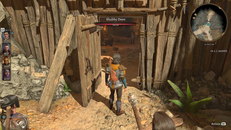 Baldur's Gate 3 main character standing near an open shabby door.