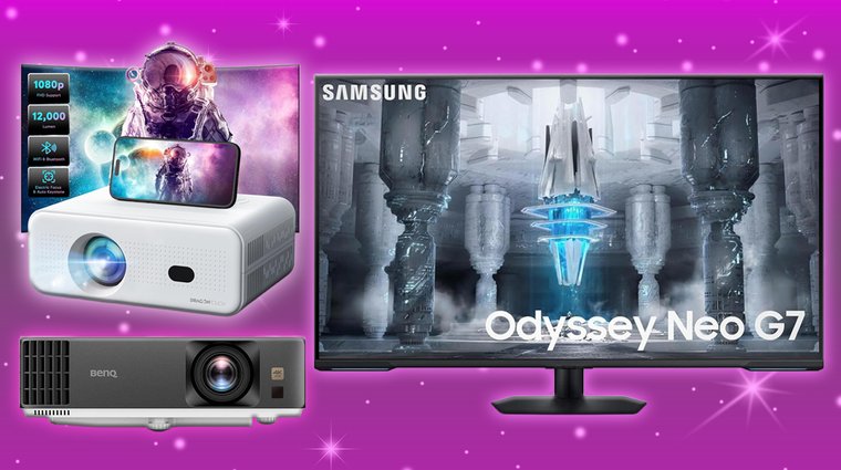 BENQ TK710 and a 4K laser, LG 65 inch premium OLED tv on a dark pink background with sparkles.