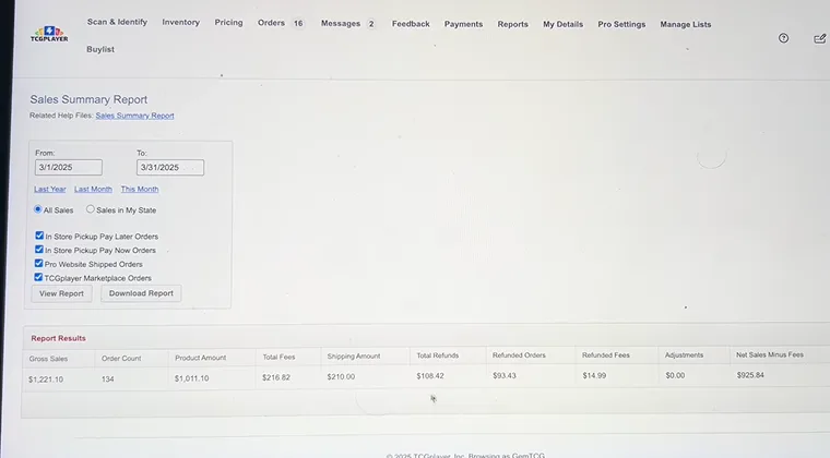 sales summery report on TCGplayer