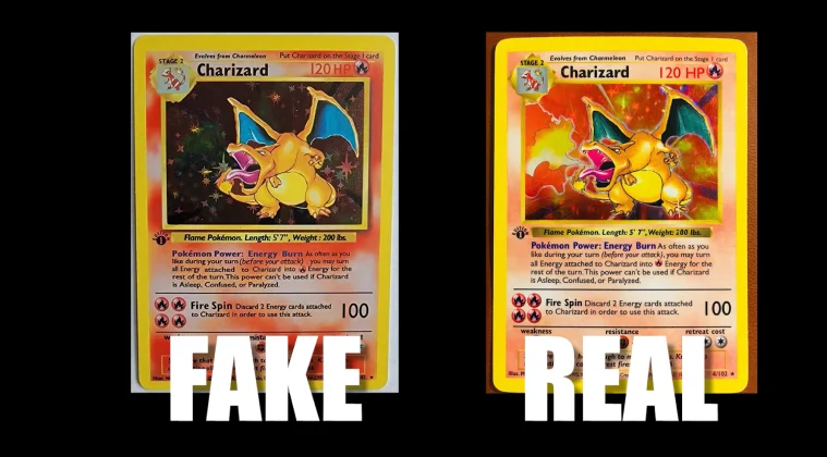 Two Pokémon cards, one real and the other fake
