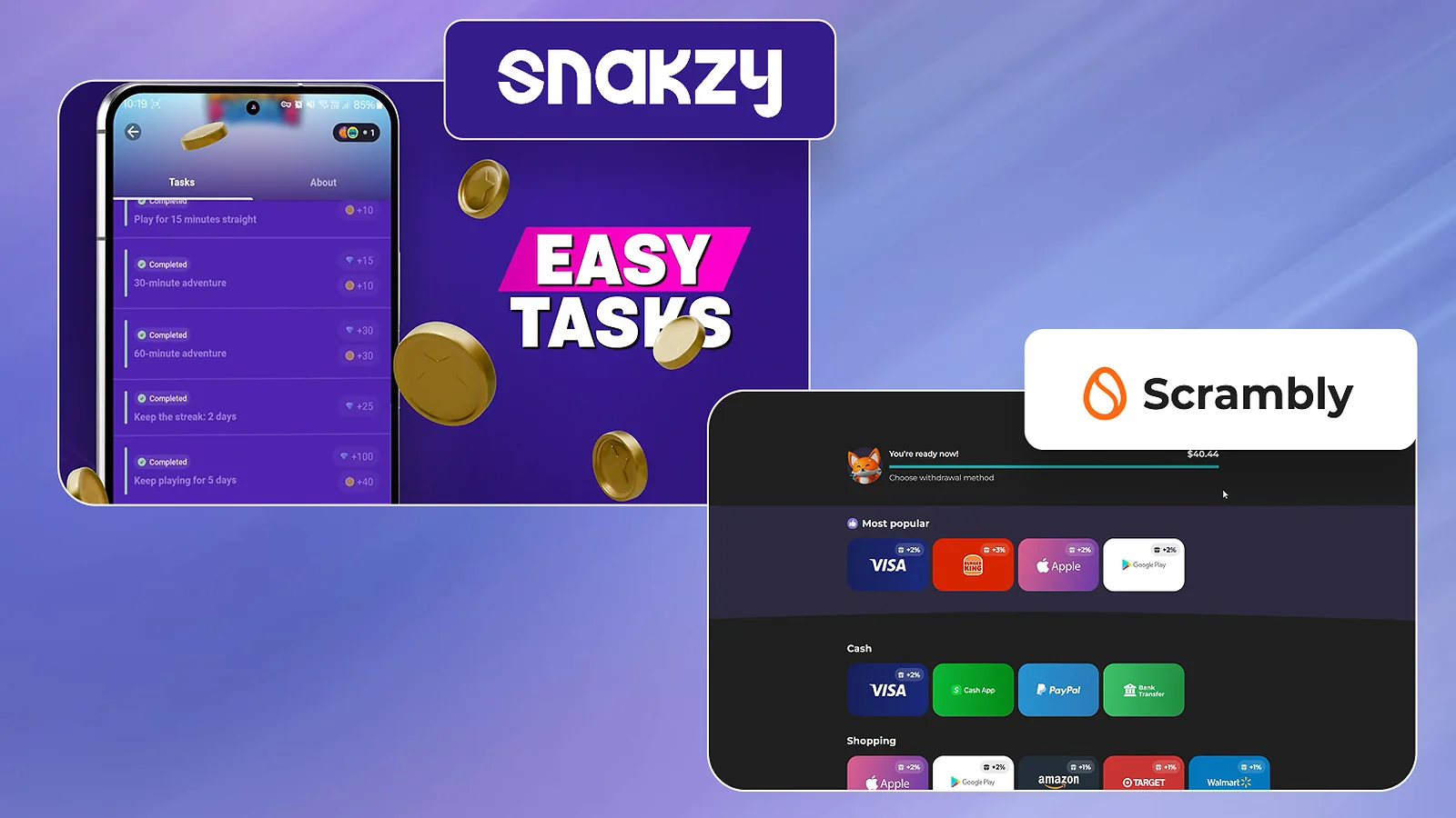 snakzy app and scrambly website page with logos