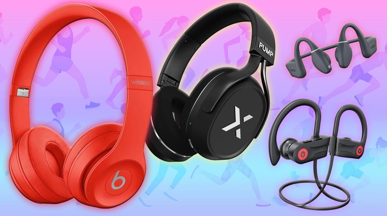 Boean U18, Raycon Bone Conduction, Beats Solo3, and BlueAnt Pump X headphones and earbuds on a pink and blue background with running figures.