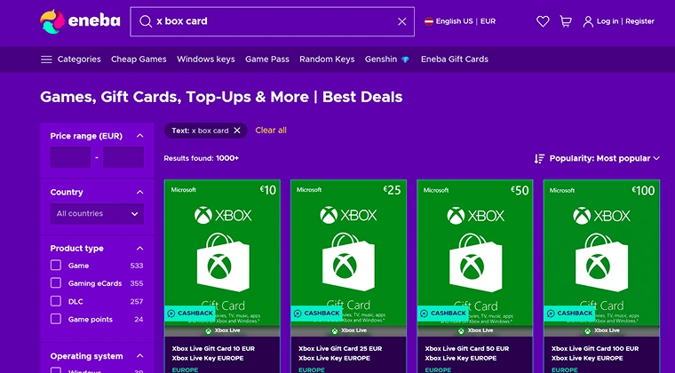 eneba webiste with x box gift cards