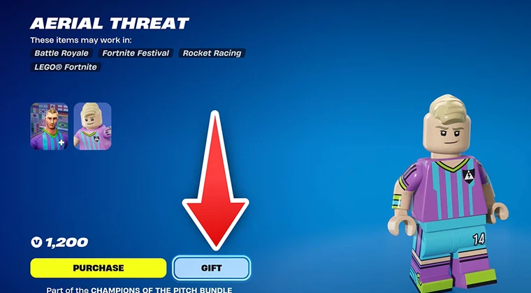 Fortnite character on the item screen with an arrow pointing to the Gift button