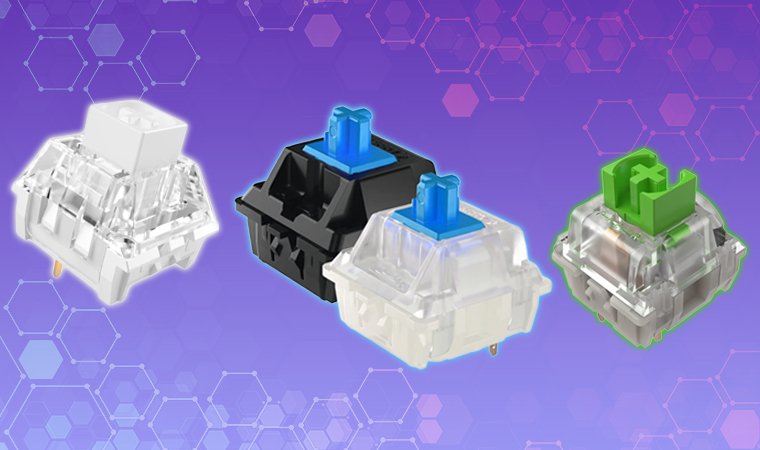 Cherry MX Blue, Razer Green, and Kailh Box White Clicky switches.