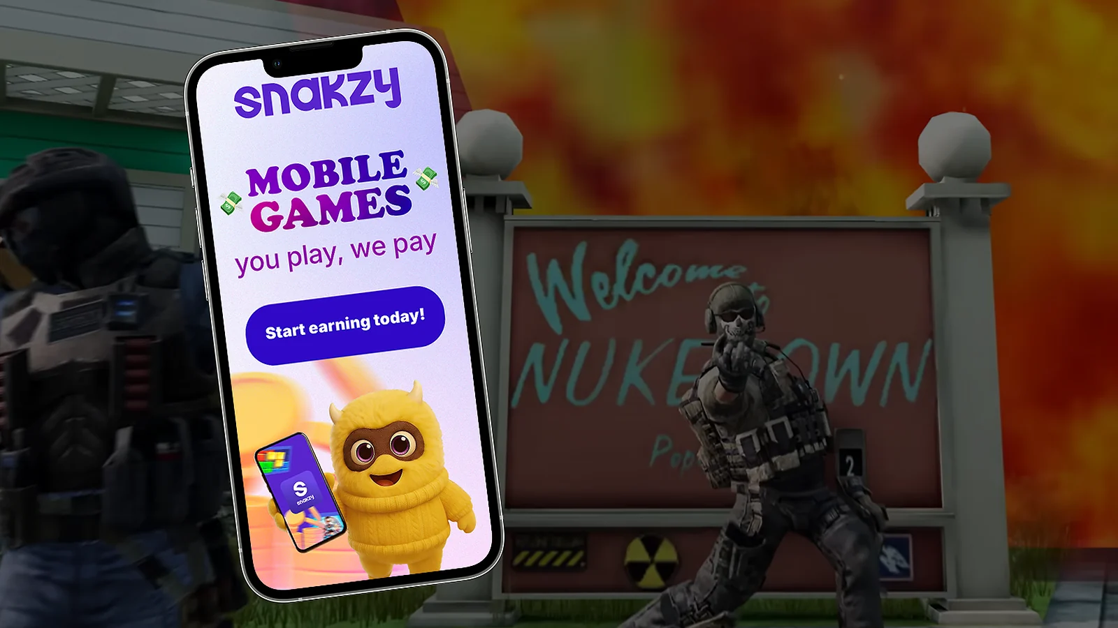 In-game CoD Mobile screenshot with Snakzy banner displaying on the phone