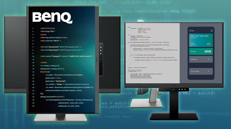 BenQ RD240Q monitor with a programming language on the screen.