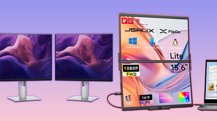 Dual-monitor setup featuring a Dell P2425H 24-inch display beside a JSAUX FlipGo Lite 15.6-inch portable screen.