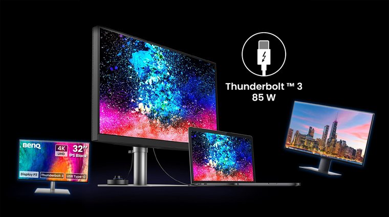 Dell UltraSharp U2720Q and Asus ProArt PA32UCX-PK monitors displayed alongside a laptop, with a Thunderbolt 3 85W graphic shown.