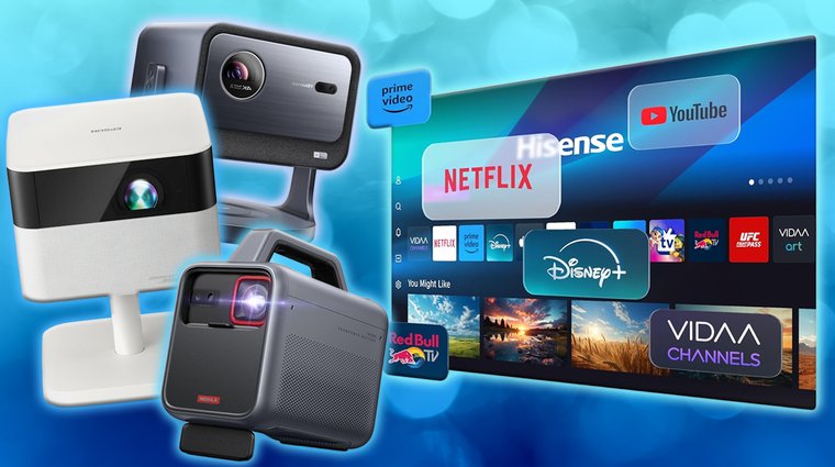 Epson Lifestudio Flex Plus, Nebula Mars 3, and Hisense Laser Mini C2 best portable projectors, with a Hisense screen displaying apps like YouTube, Disney Plus, Netflix and others.