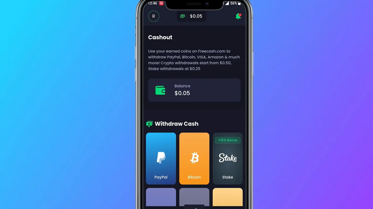 Freecash cashout options dispalying on a phone