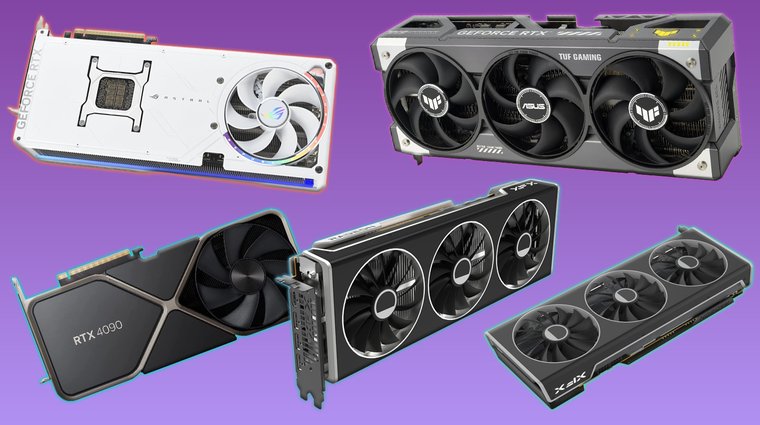 Several high-end GPUs displayed on a purple background.