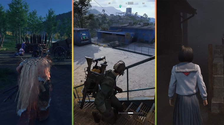 Ghost of Yotei, ARC Raiders and Silent Hill f gameplay separated by yellow vertical bars.