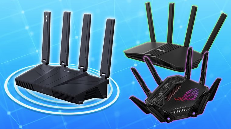 GL.iNet GL-BE9300, ASUS RT-BE58U, and ASUS ROG Rapture GT-BE98 Pro routers on a blue background.