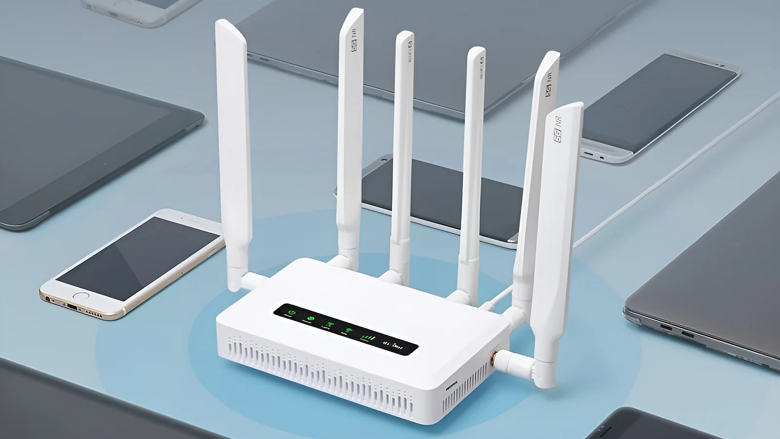 GL.iNet GL-X3000 (Spitz AX) Wi-Fi 6 router with six antennas and connected devices