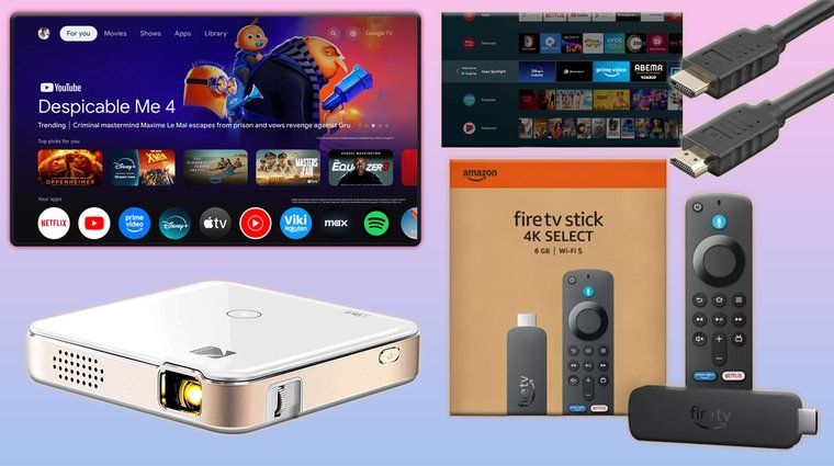 Streaming device interfaces, HDMI cable, a Kodak Luma 150 mini projector, and a Fire TV Stick 4K shown together as compatible projector accessories.