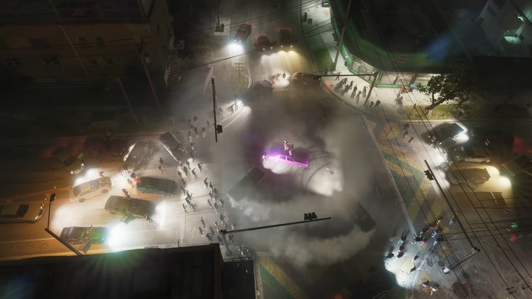 GTA 6 bird-eye view of a lot of cars surrounding one purple car.