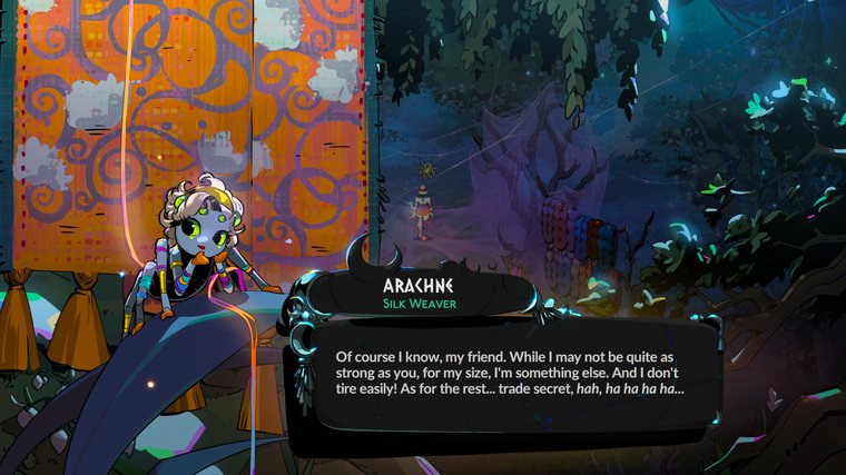 Hades II - speaking with silk weaver, Arachne.