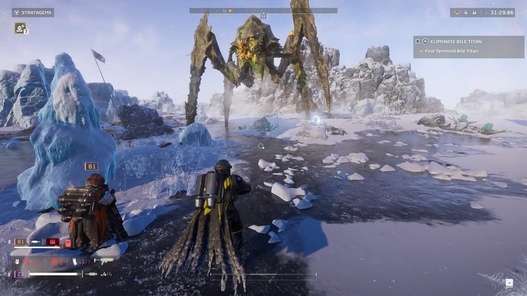 Helldivers II - two player aiming at a bile titan enemy in front.